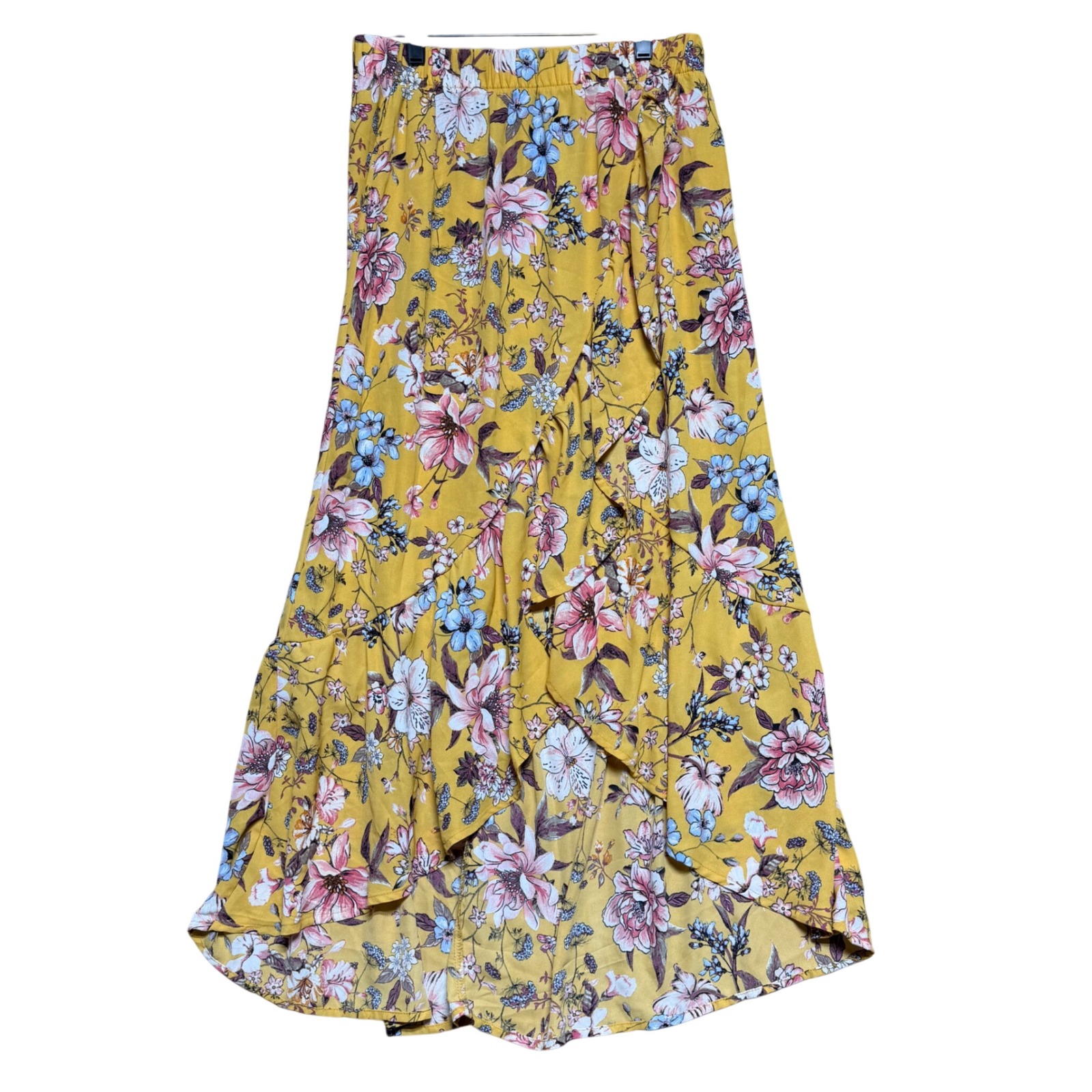 New Live To Be Spoiled Mustard Yellow Floral High-Low Ruffle Maxi Skirt Mens M